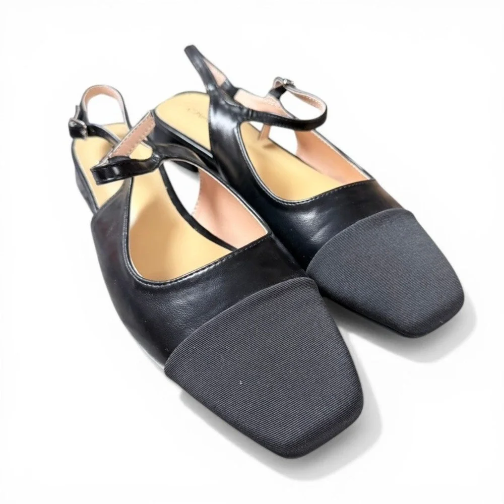 C.Paravano Slingback Flats Womens 40 Black Cap Toe Leather Square Toe Block Heel - Picture 4 of 8